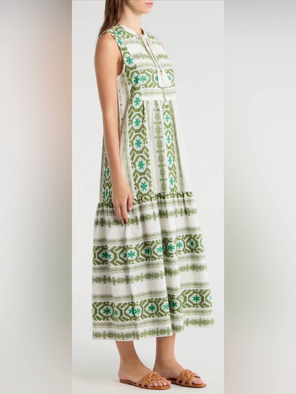 Elan White Midi Dress with Green and Teal Floral Print